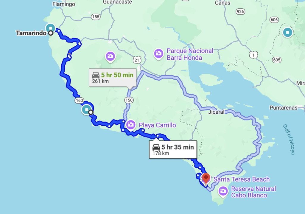 Map showing a 5-hour, 50-minute driving route from Tamarindo to Santa Teresa Beach in Guanacaste, Costa Rica, along the coast