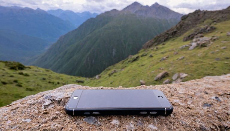 An iPhone resting on a rock in a mountain setting with green slopes and distant mountain peaks