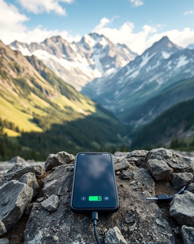 An iPhone with a low battery indicator in the mountains, placed on rocks with a rugged, scenic background