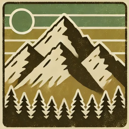 A retro-style logo featuring a mountain range with snow-capped peaks, framed by evergreen trees and a sun, all depicted in earthy tones of green, brown, and beige