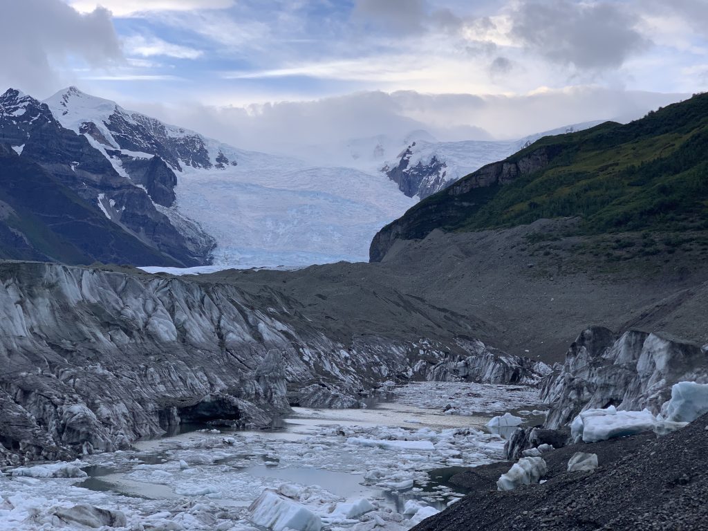 View of Kennicott Glacier and surrounding mountain range in Alaska