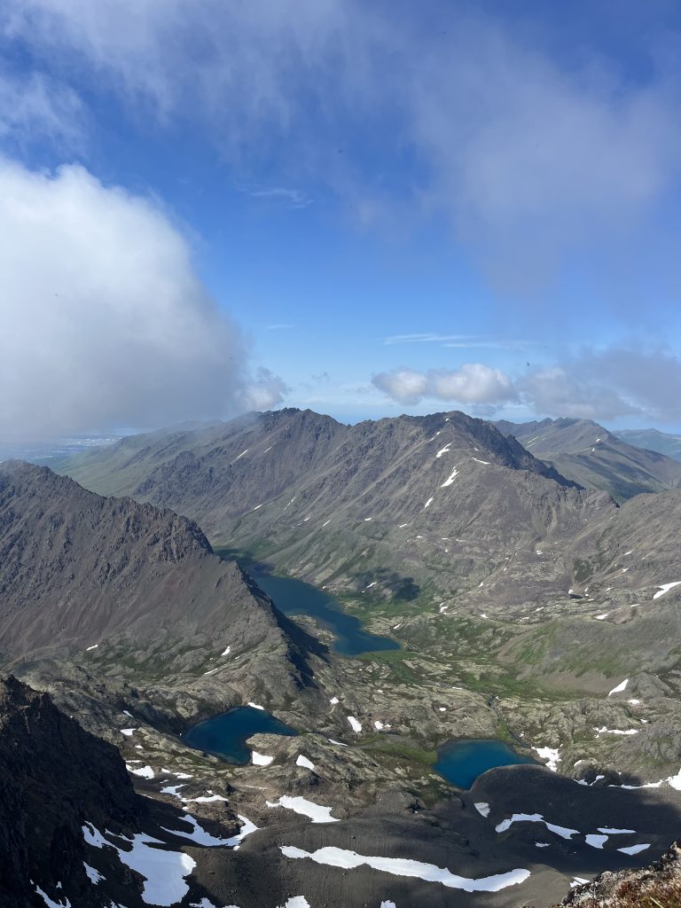 View from Williwaw Peak of multiple alpine lakes surrounded by rugged mountain terrain and patches of green, under a partly cloudy sky.