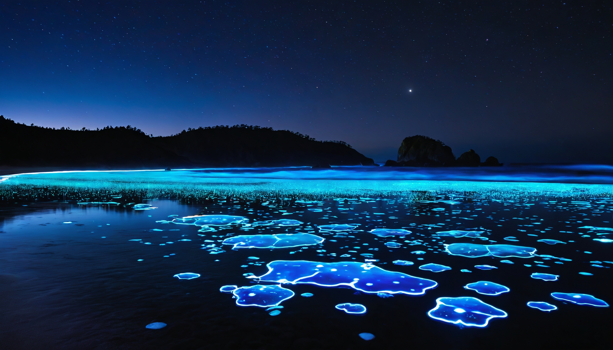 Bioluminescent ocean waters glowing in vibrant blue under a starry night sky, with silhouettes of distant hills in the background