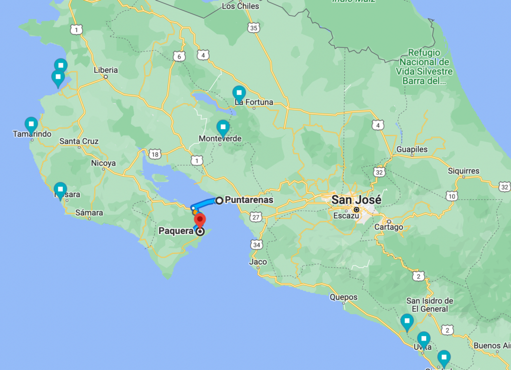 Map showing the ferry route between Paquera and Puntarenas in Costa Rica