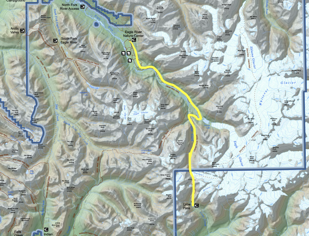 Map showing the Crow Pass Trail route from Girdwood to Eagle River near Anchorage, Alaska.