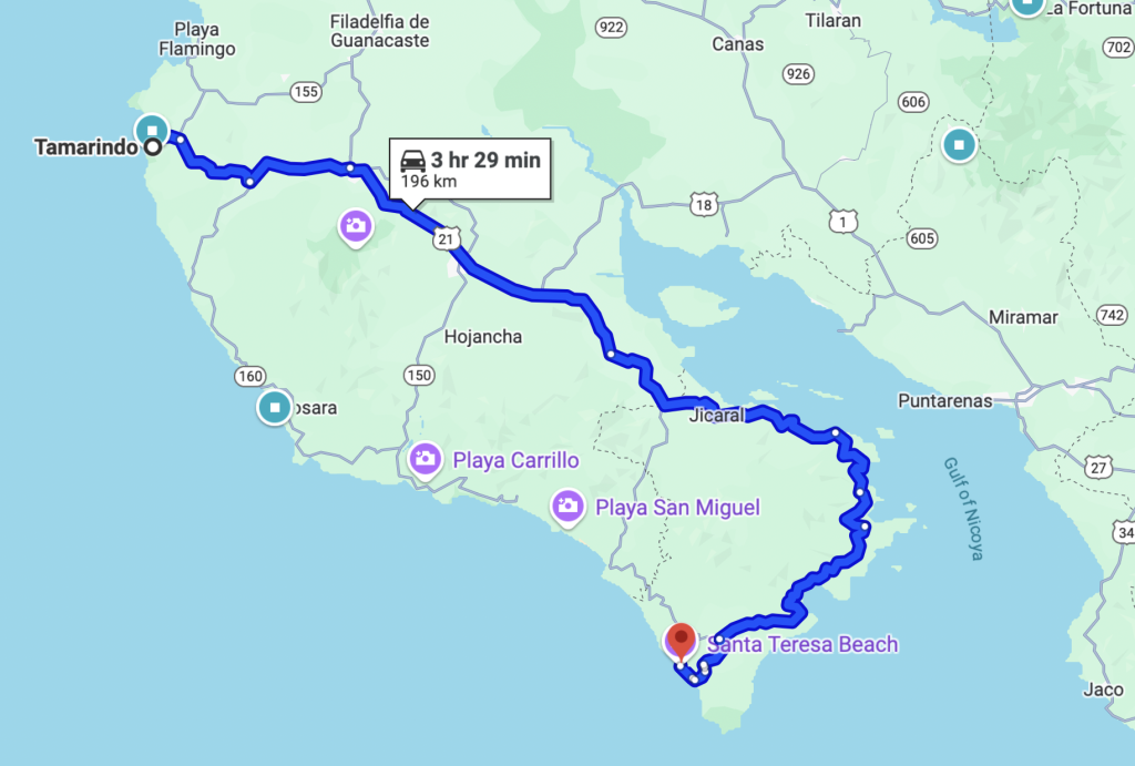 Map showing a 3-hour, 29-minute inland route from Tamarindo to Santa Teresa Beach in Guanacaste, Costa Rica