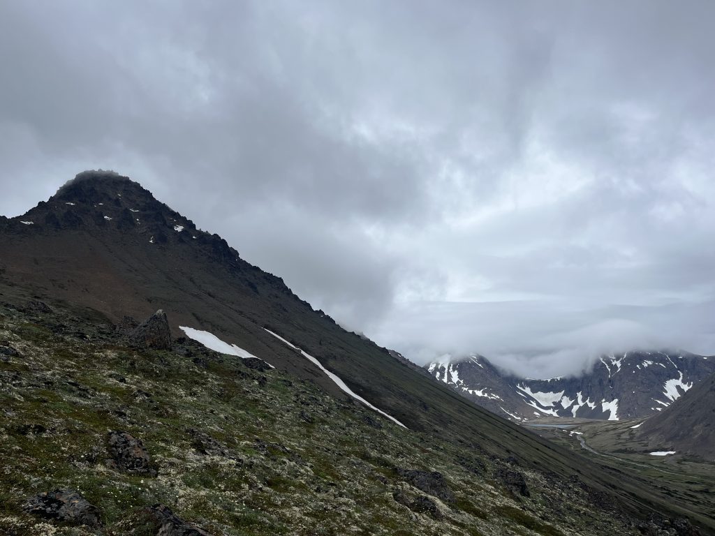 Misty view of Ptarmigan Peak in Anchorage, Alaska, with lush green foreground and fog-covered peaks in the distance