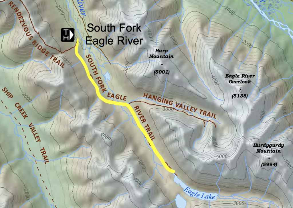 Map illustrating the hiking route to Symphony and Eagle Lake near Anchorage, Alaska