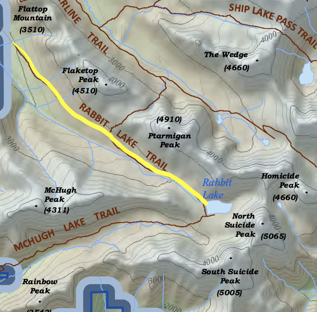 Map showing the Rabbit Lake Trail route near Anchorage, Alaska.