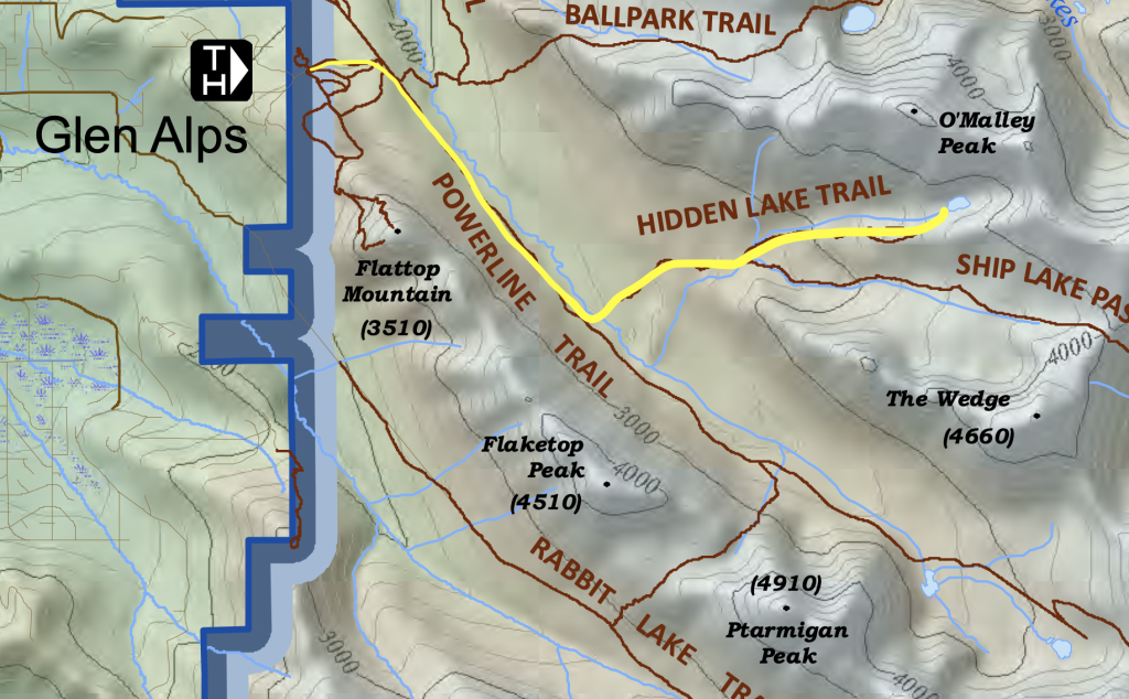 Map showing the Hidden Lake trail route near Anchorage, Alaska.