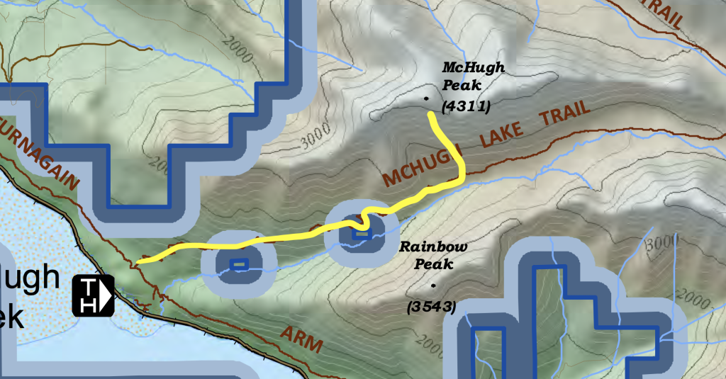 Map showing the hiking route to McHugh Peak from McHugh Creek Trail Head near Anchorage, Alaska