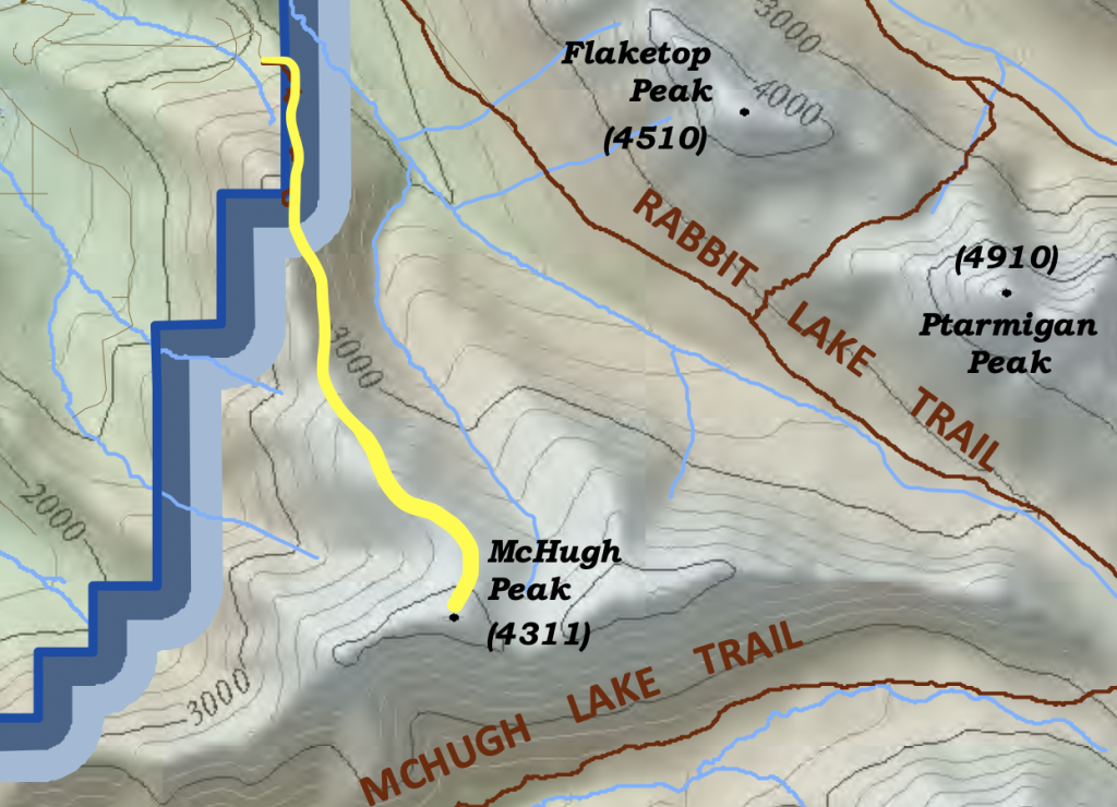 Map showing the hiking route to McHugh Peak from Bear Valley near Anchorage, Alaska.