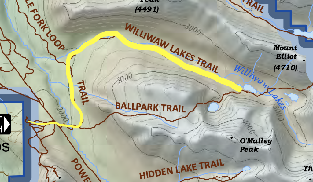 Map depicting the Williwaw Lakes Trail route near Anchorage, Alaska.