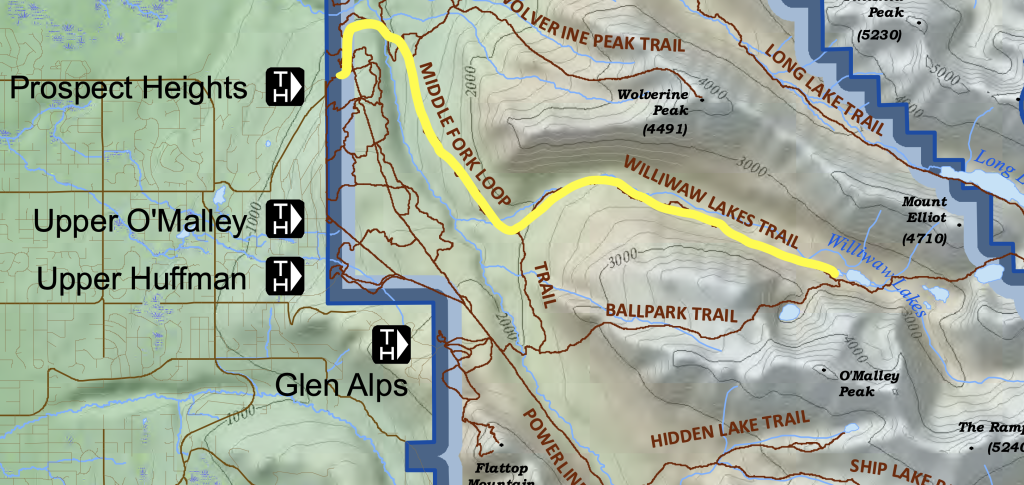 Map highlighting the hiking route to Williwaw Lakes via Prospect Heights Trailhead near Anchorage, Alaska