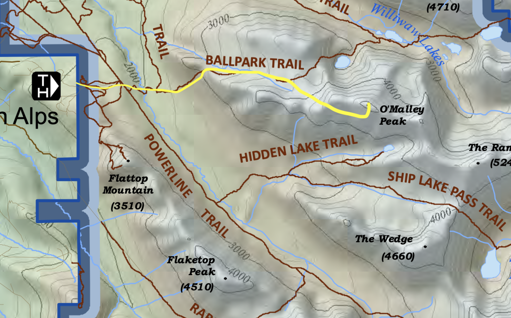 Map showing the hiking route to Big O'Malley Peak near Anchorage, Alaska