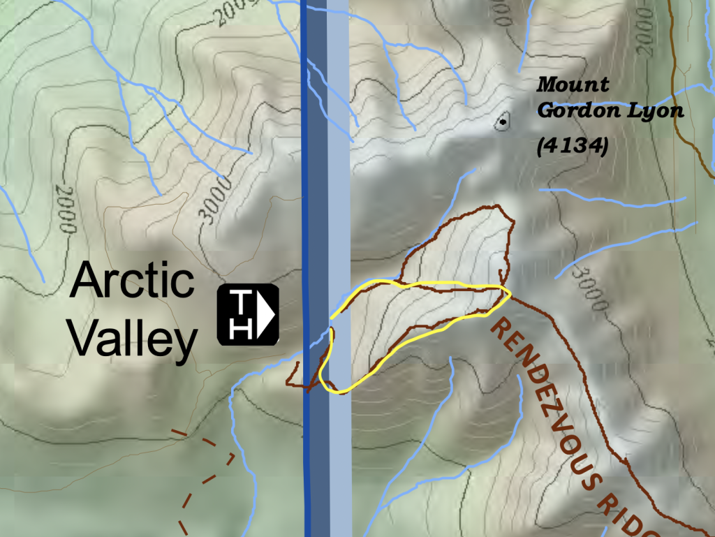 Map showing the hiking route to Rendezvous Peak near Anchorage, Alaska.