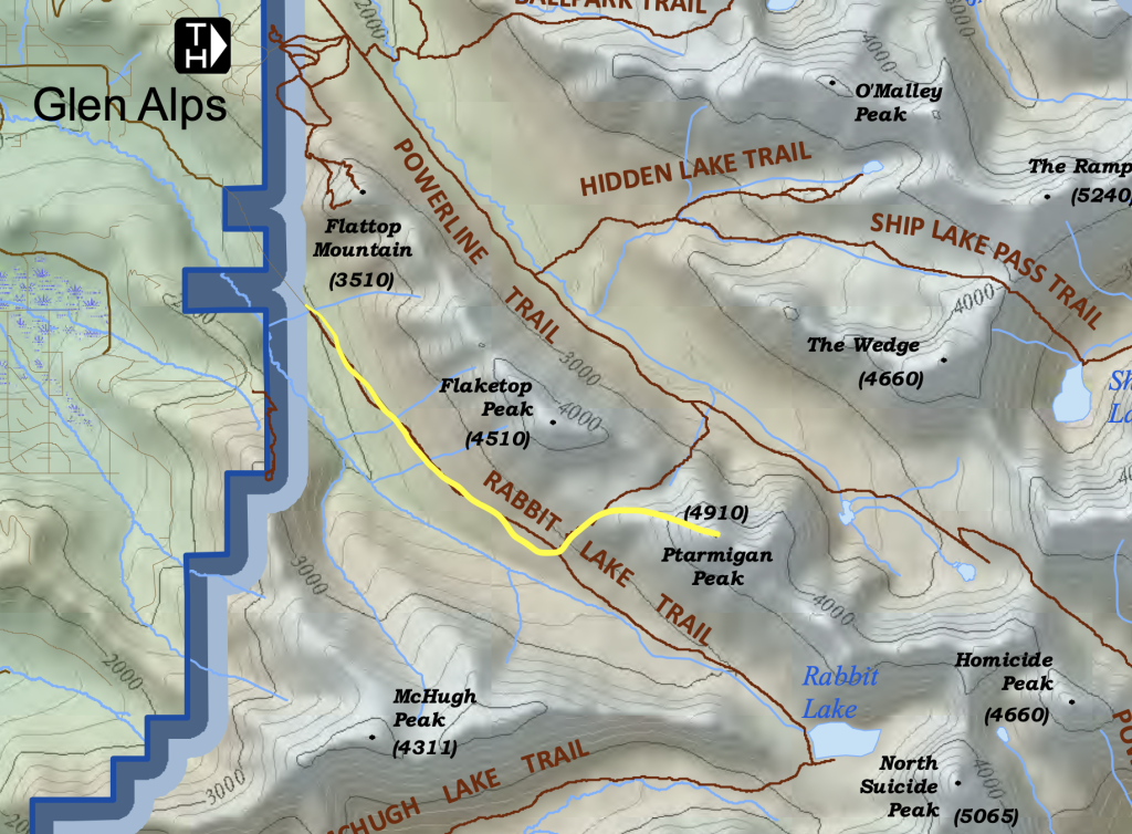 Map showing the hiking route to Ptarmigan Peak near Anchorage, Alaska.