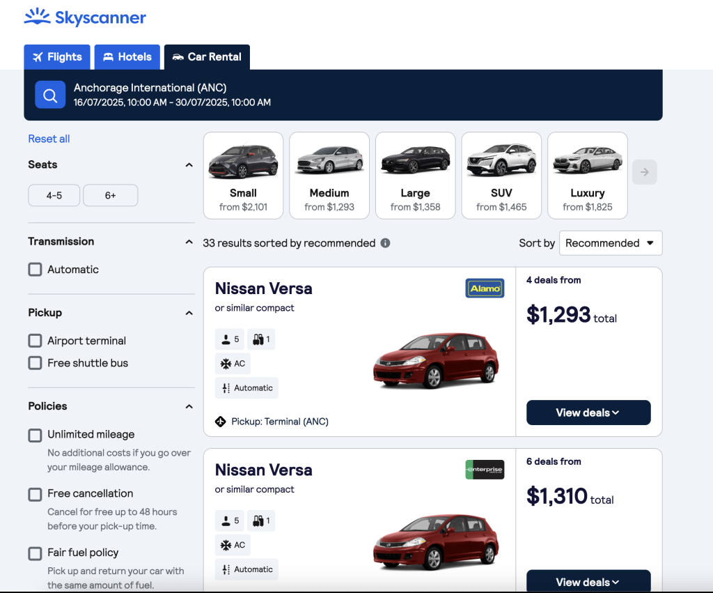 A screenshot of Skyscanner of rental car availabilities in Anchorage, Alaska