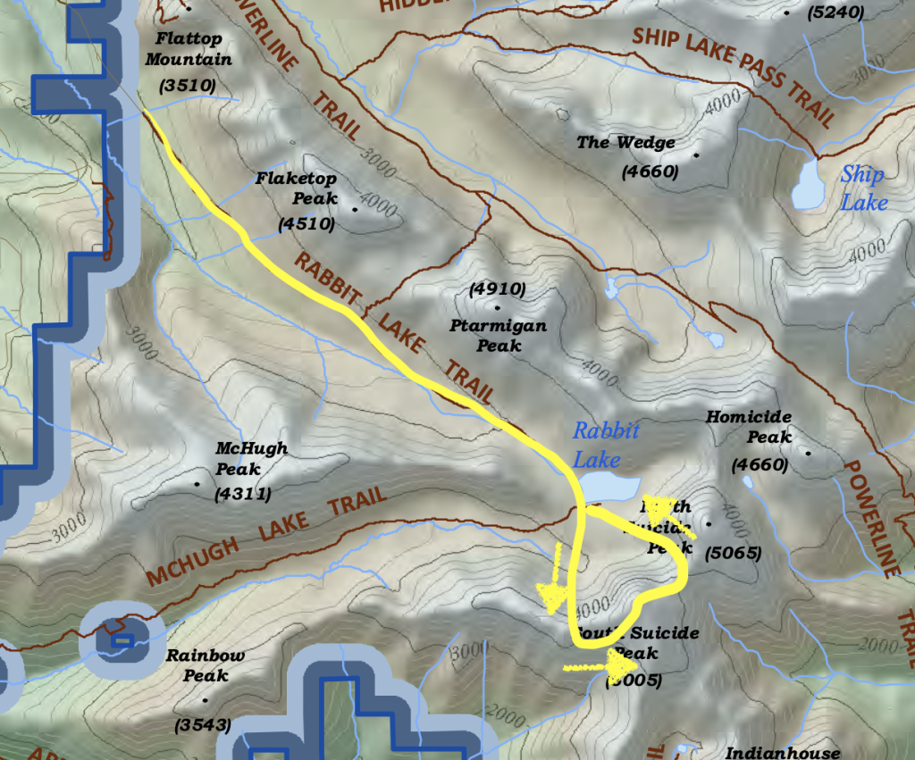 Map depicting the route to South Suicide Peak through Hidden Lake near Anchorage, Alaska.