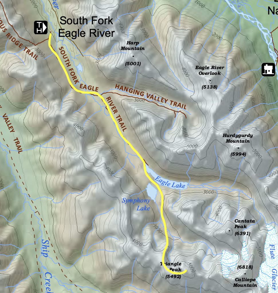 Map showing the hiking route to Triangle Peak via Symphony and Eagle Lake near Anchorage, Alaska