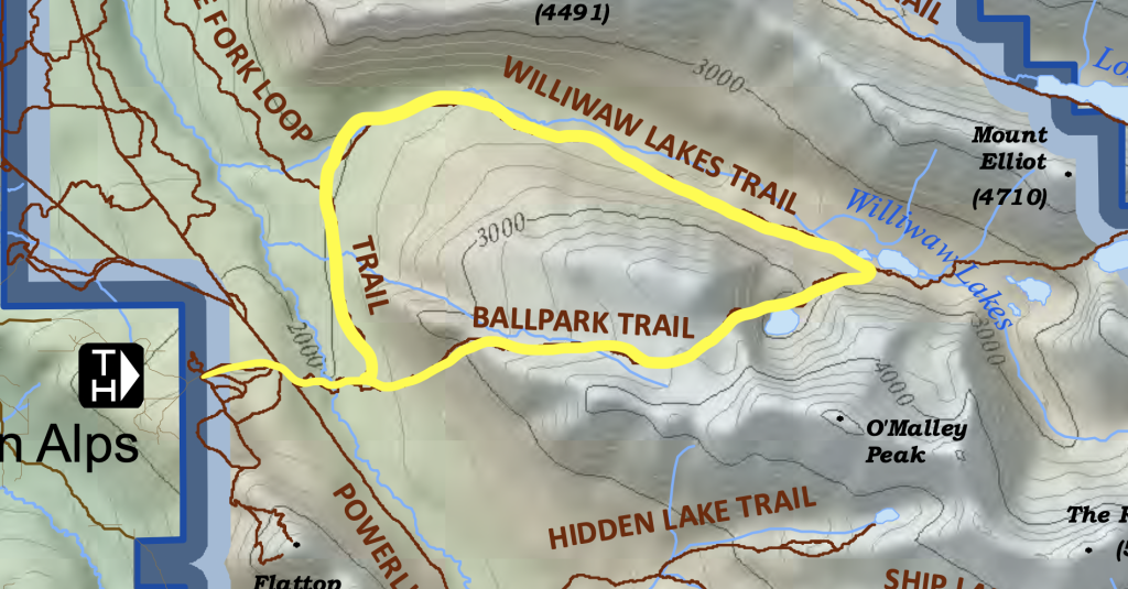 Map depicting the hiking route to the Williwaw Lakes through the Ball Park