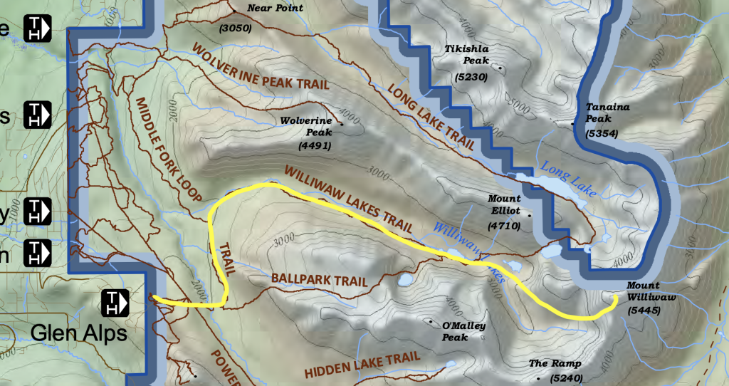 Map showing the route to Williwaw Peak in Chugach State Park near Anchorage, Alaska