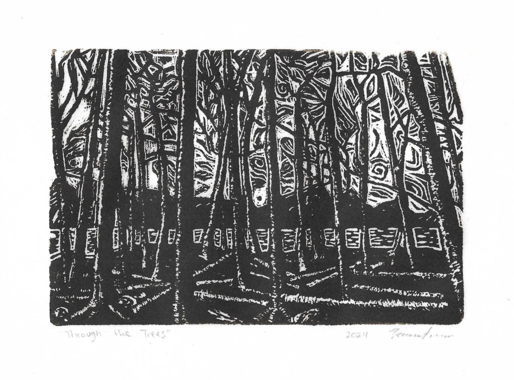 Black-and-white block print of a dense forest with tall trees and abstract patterns in the background.